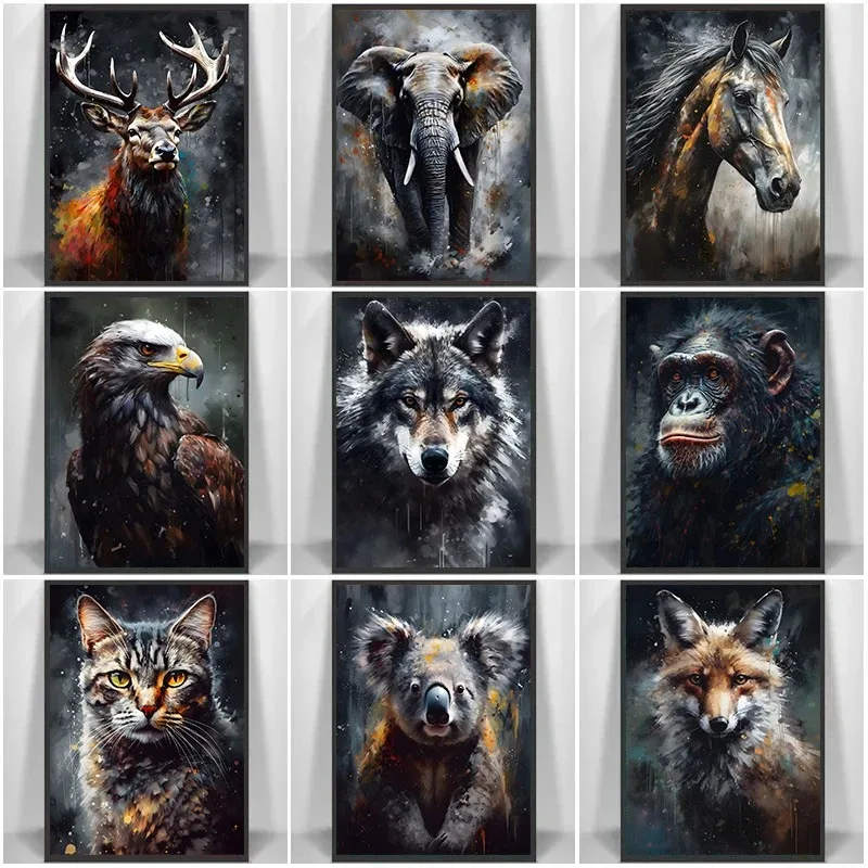 Animal Portrait Graffiti Posters,Prints Home Decor Canvas Painting Monkey Chimpanzee Talking Wolf Room Wall Painting Unframend