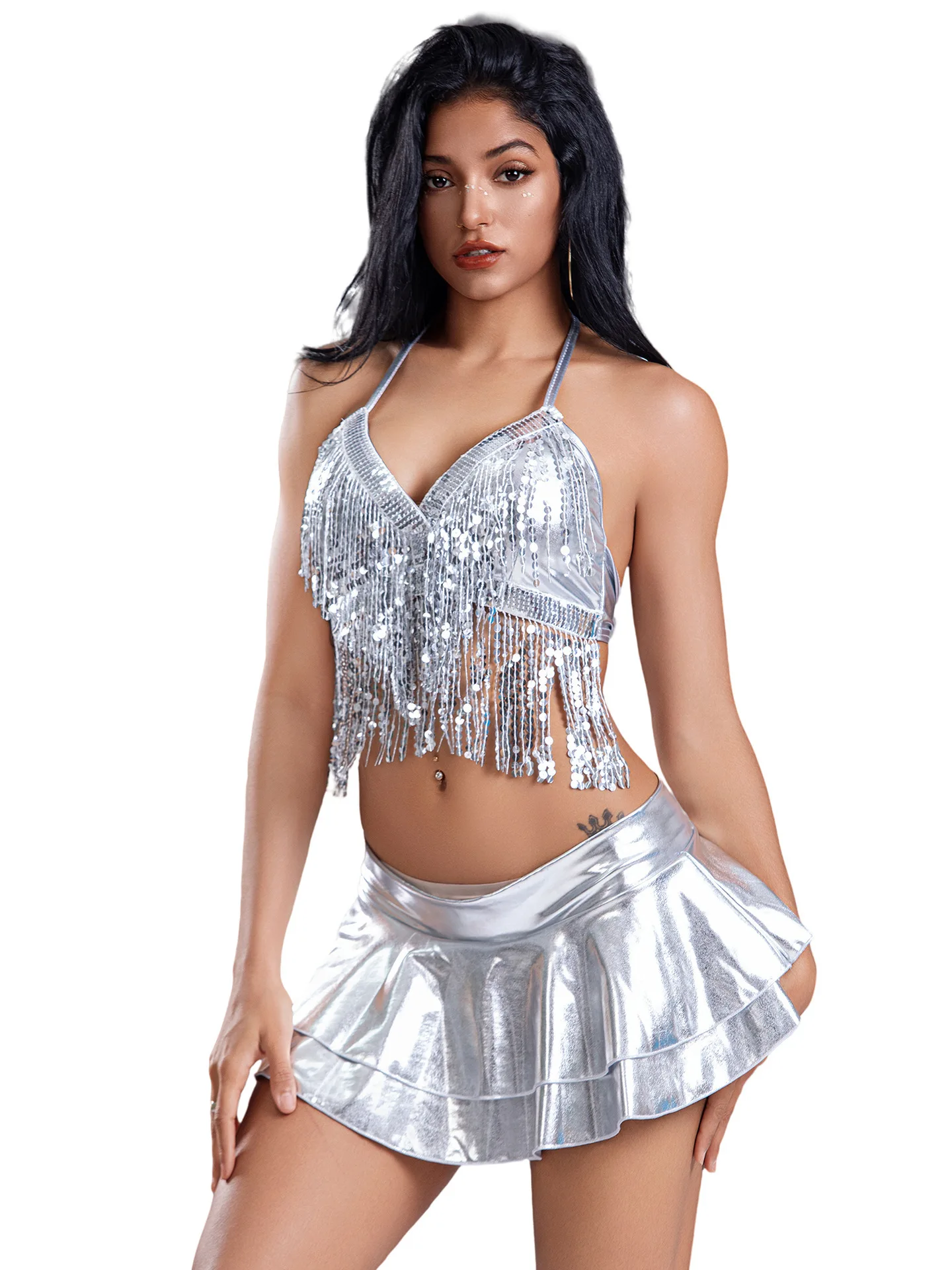 Bar Performance Skirt Set Costume New Women's Collar Stage Chic Sexy Hong Kong Style Lace Top Jazz Dance Fashion Skirt Set NUPS