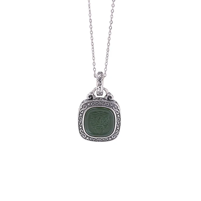Amxiu Sterling Silver 990 Hetian Jade Jasper Zakiram Mantra Square Vajra Ethnic Style Pendant