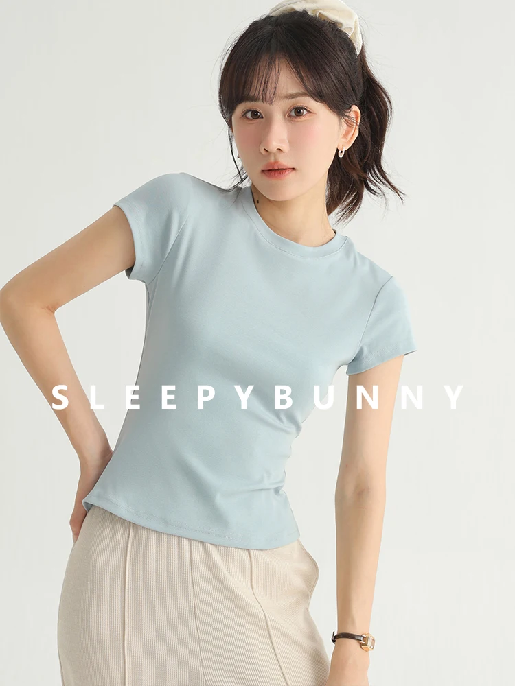 Women Casual Slim Fit Cap Sleeve Round Neck T-Shirt Summer Petite Stretch Tee Versatile Basic Short Sleeve Top for Daily Wear
