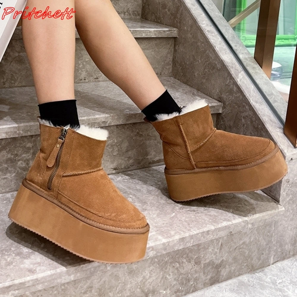 Thick Sole Side Zipper Winter Boots Women Round Toe Warm Mid Calf Snow Boots Casual Flat with Boots Height Increasing All-match