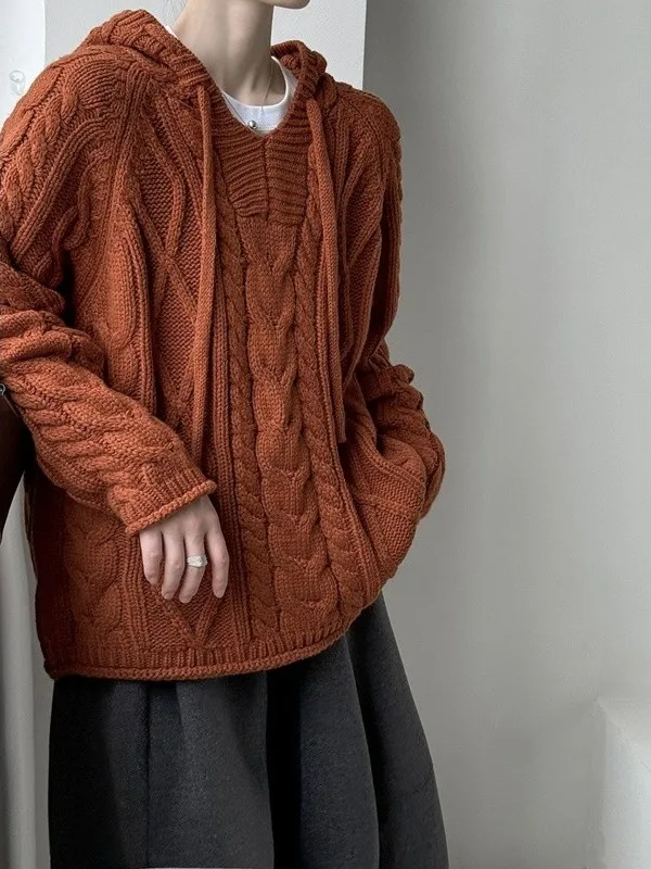 

Вязаный свитер оверсайз оранжевого цвета с узором «косы», длинный рукав, свободный крой, весенняя коллекция, удобный, из полиэстера, повседневный