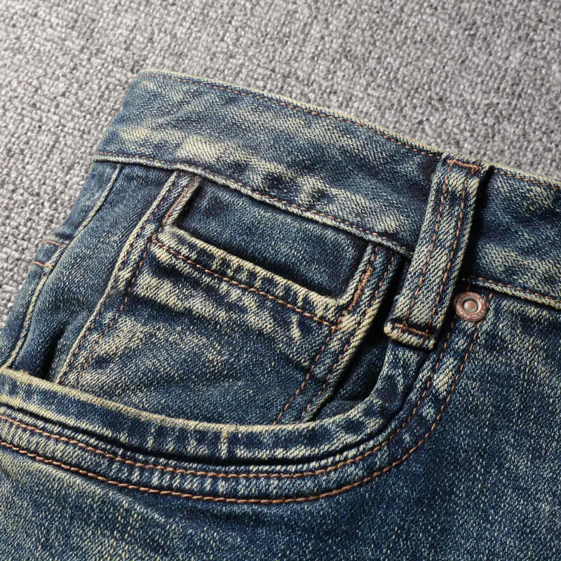 Fashion Designer Men Jeans Retro Blue Elastic Slim Fit Hole Ripped Jeans Men Embroidery Patch Vintage Casual Denim Pants Hombre