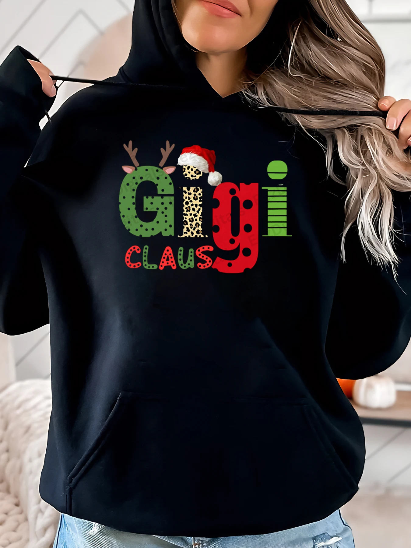 

Gigi Claus Christmas Print Hoodie Women Holiday Gift Casual Wear Black Plus-Size