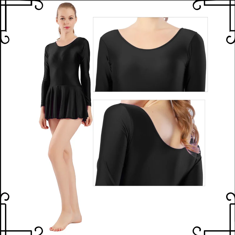 

Womens Glossy Ruffled Dress Long Sleeve Round Neck Leotard Dresses Ballet Dance Gymnastics Tutu Swimming Training Sports Clothes