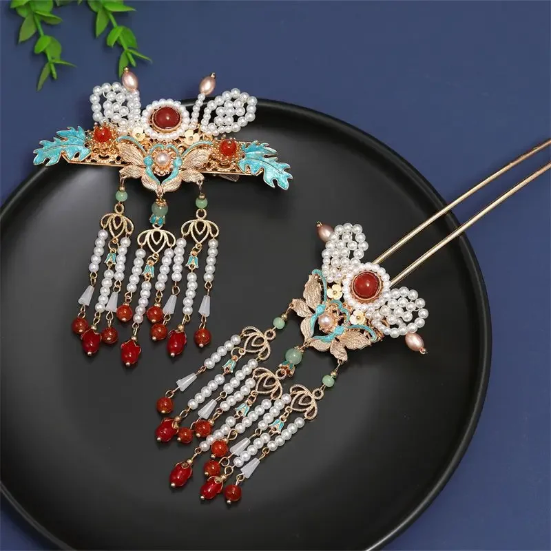 Womens Beaded Butterfly Fringe Hairpin Hanfu Headwear