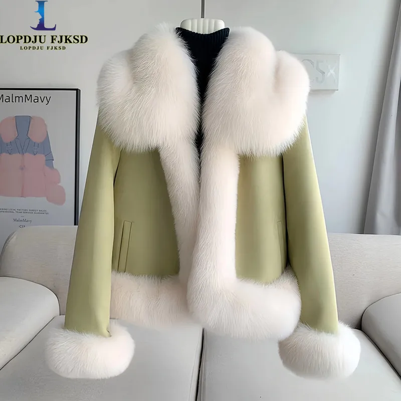 

Oversize Leather Coat for Women, 90% White Duck Down Jacket, Large Fur CollarParkas,Spliced Female Clothing, New , Winter