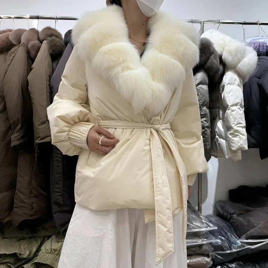 Women Down Jackets Real Large Fox Fur Collar Outerwear Real Fur Coat Winter Jacket New Belt Loose Puffer Parka