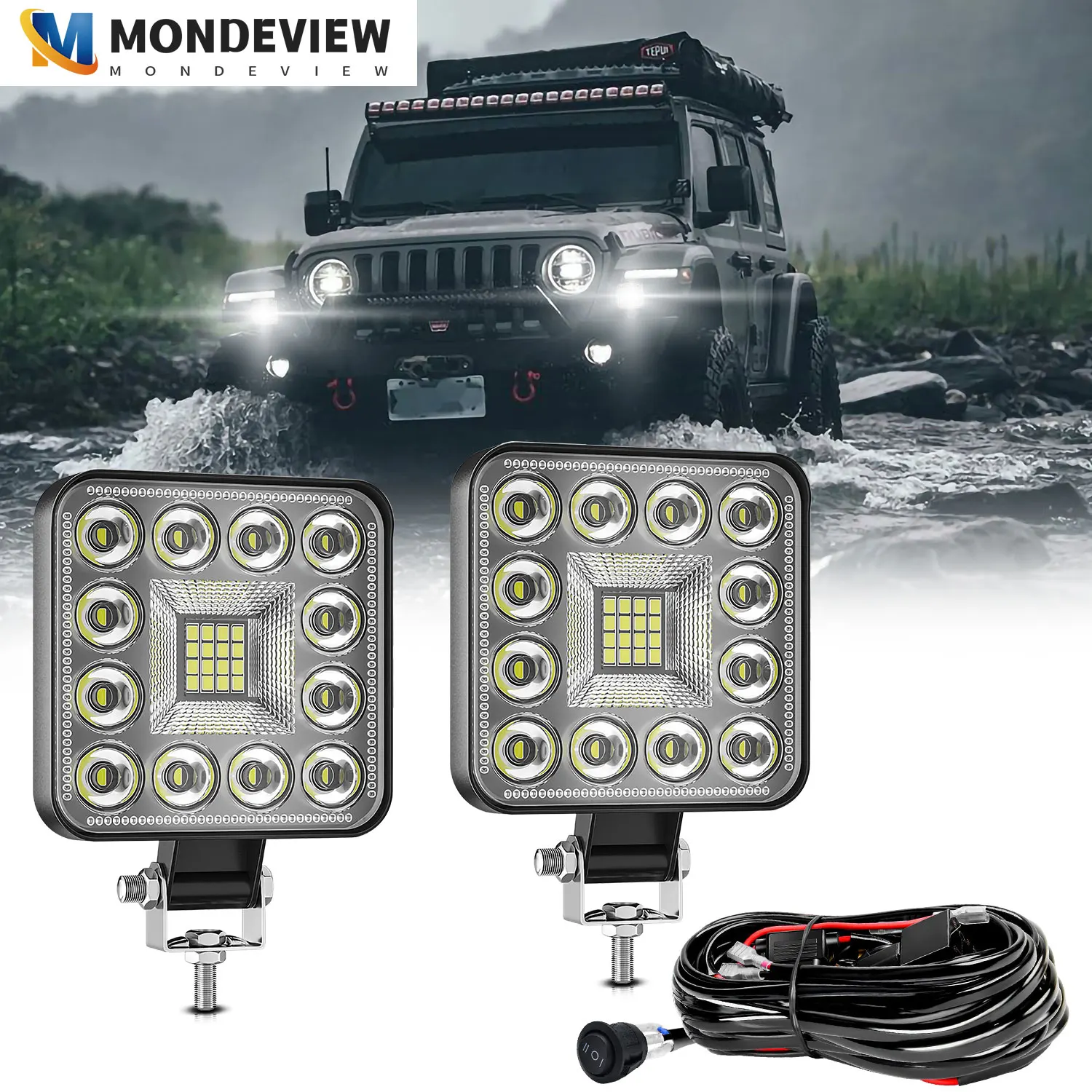 

MONDEVIEW E21 3-inch Square LED Work Light Off-road 4X4 Spotlight 30V Jeep Truck, Motorcycle SUV ATV Running Driving Lights