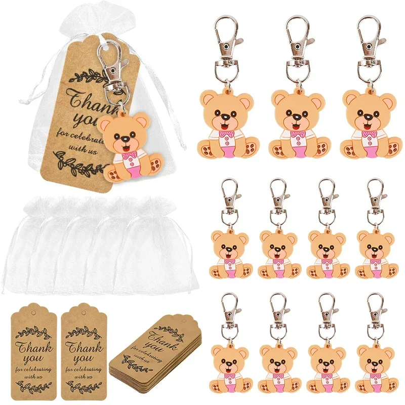 10 sets Pink Blue Bear Keychains Girl Boy Gender Reveal Baby Shower Souvenir Organza Gift Bag with Thank You Tag