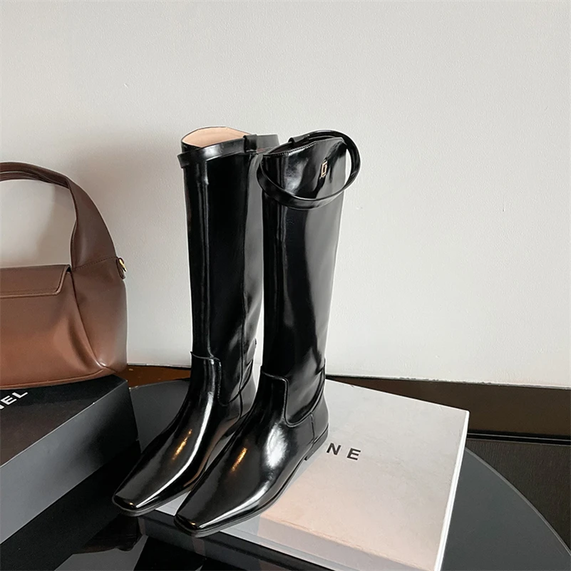 Meotina Women Genuine Leather Knee High Riding Boots Square Toe Flat Casual Long Boot Ladies Autumn Winter Shoes Brown 40