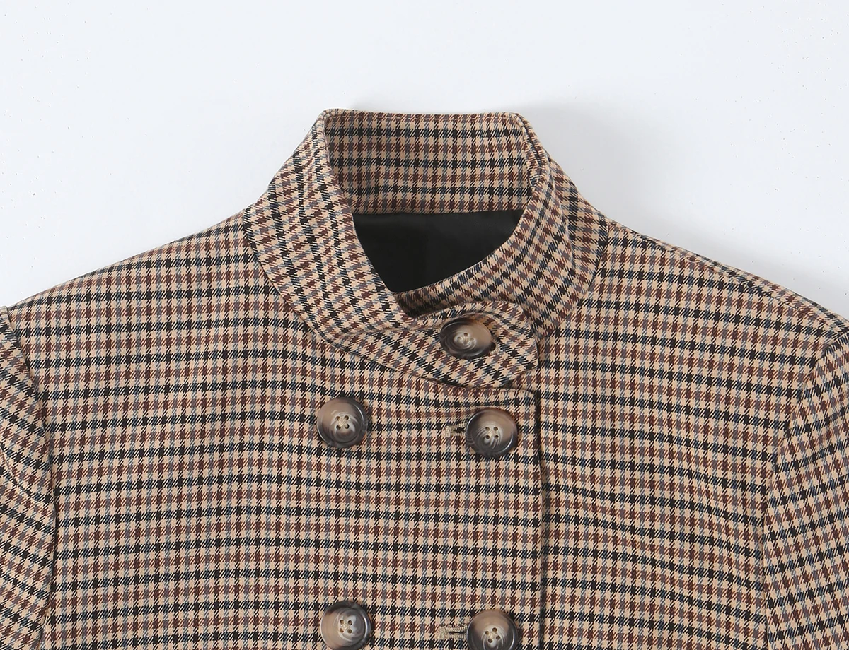 BSAY 2026 Neues Vintage Damen-Karomuster 2-teiliges Outfit mit Stehkragen, doppelreihiger, kurzer Jacke und weitem Hosenbein, lässiger Anzug – Detail 8