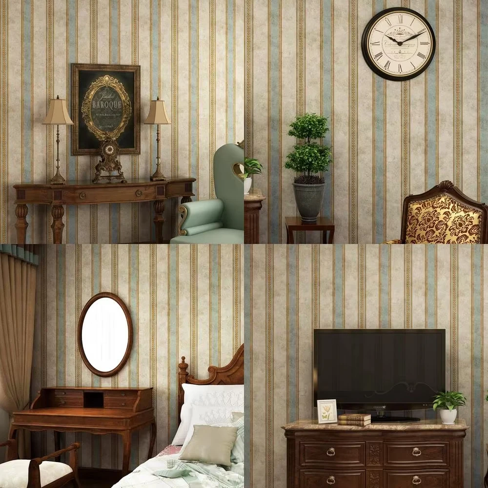 Vertical Stripes Self-adhesive Wallpaper American Country Retro Nostalgic Wall Stickers for Bedroom Living Room Study Background