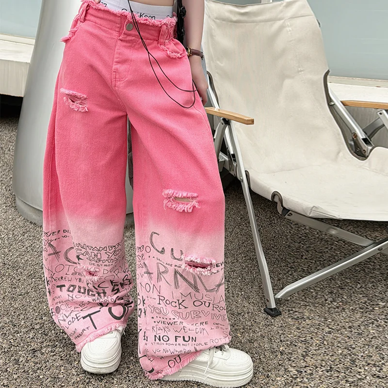 8 10 12 14 teenager girls hole jeans Fashion gradient pink distressed wide leg denim pants junior kids Floor trousers jean fille