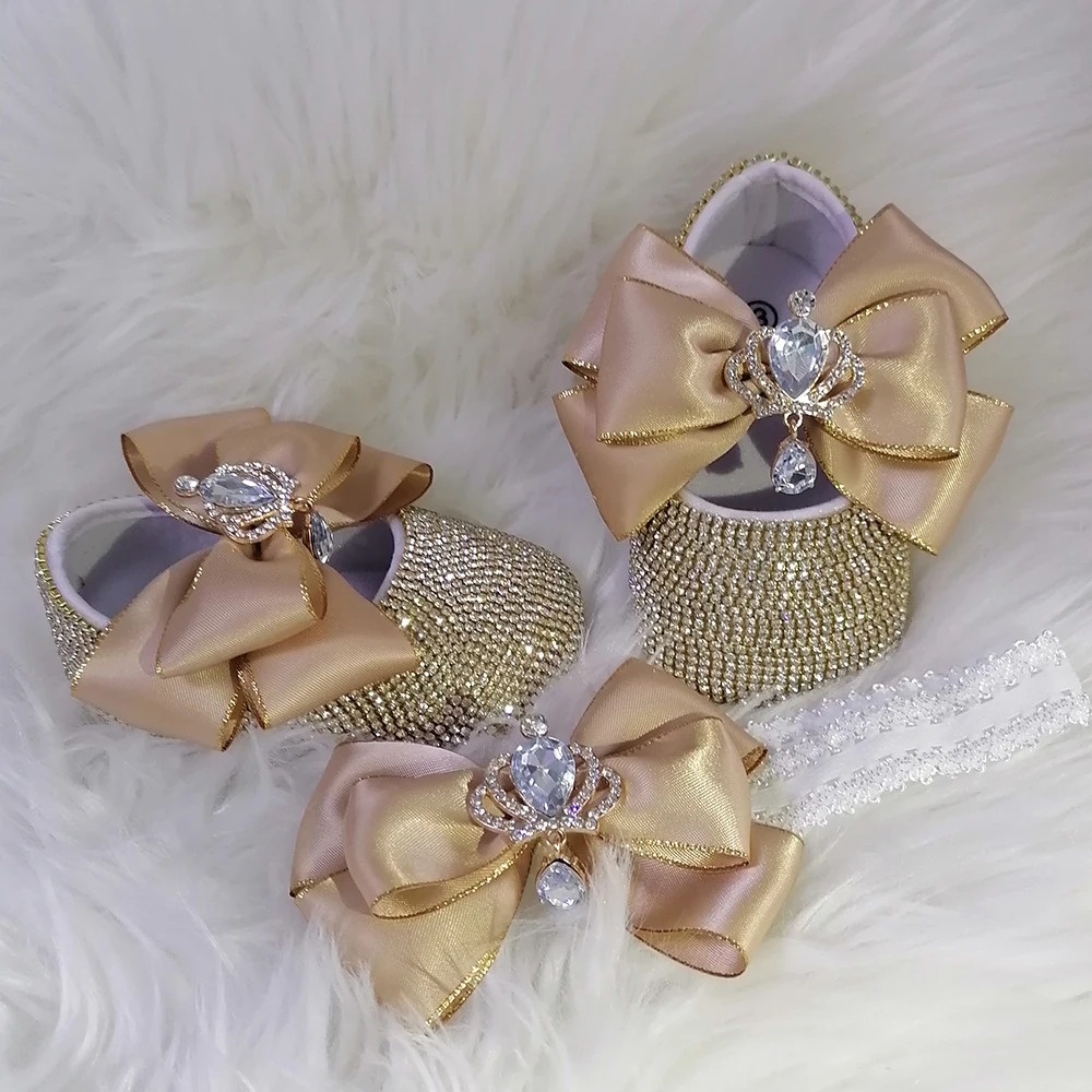 Handmade Bow Rhinestones Baby Girl Kids Shoes Hairband Sunglasses Comb First Walker Sparkle Bling Crystals Princess Shower Gift