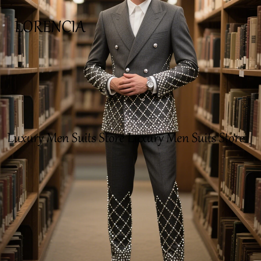 

Sparkling Beading Suits for Male Double Breasted Tuxedos Glitter Wedding Outfits Customized Blazer Pants costume homme luxe