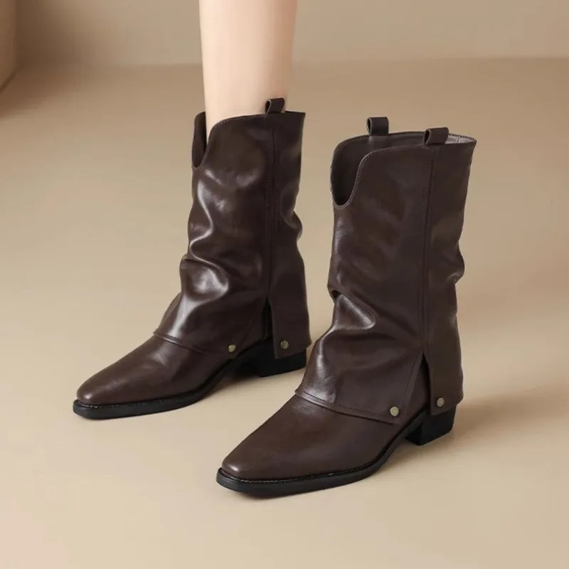 

Женские рыцарские сапоги, увеличивающие рост, винтажные удобные короткие современные ботинки из мягкой кожи с заклепками, осенняя обувь для женщин