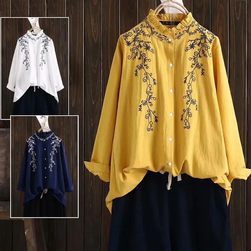 

Loose Cotton Linen Long Sleeve Embroidered Shirt Women's Artistic Vintage Style Mid-Length Shirt Autumn Fashion Ladies' Premi...