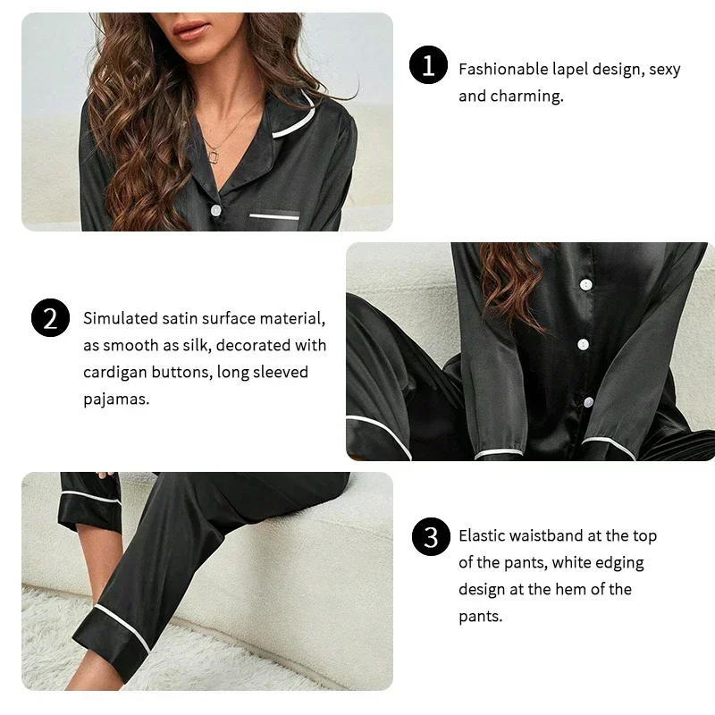مجموعة بيجامات حريرية لربيع الخريف للنساء ملابس نوم ناعمة غير رسمية بلوزات وسراويل بأزرار صلبة سترة ملابس نوم ملابس منزلية