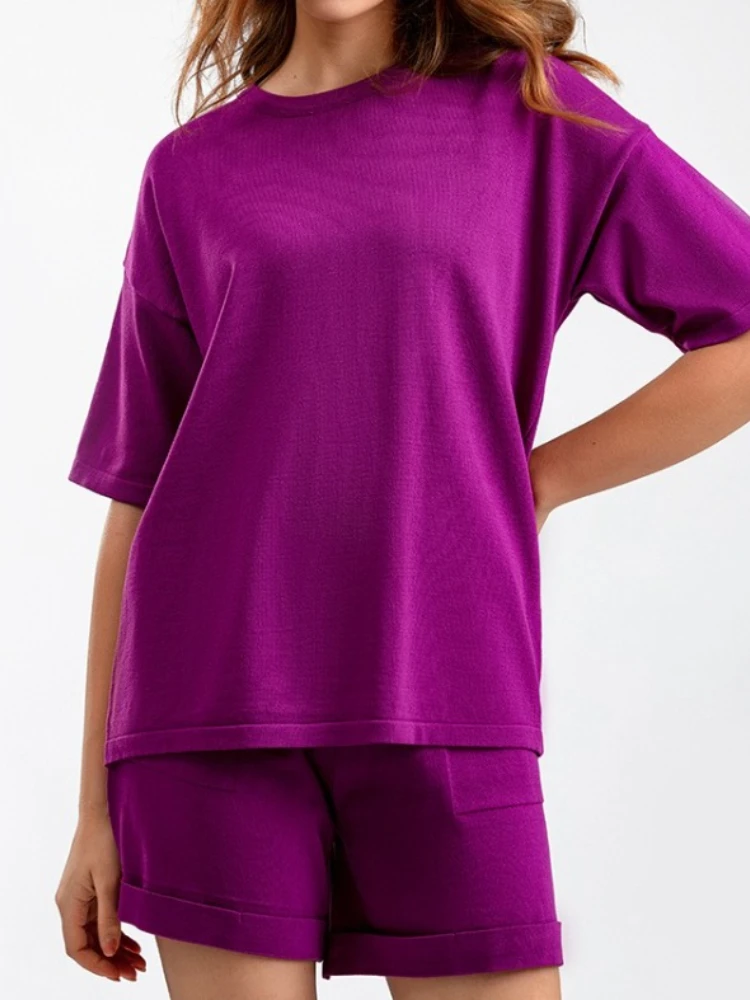 

New Summer Solid Versatile O-neck Pullover Short Sleeved T-shirt Shorts Sets Loose Fitting Casual Two Piece Sets Womens Outifits
