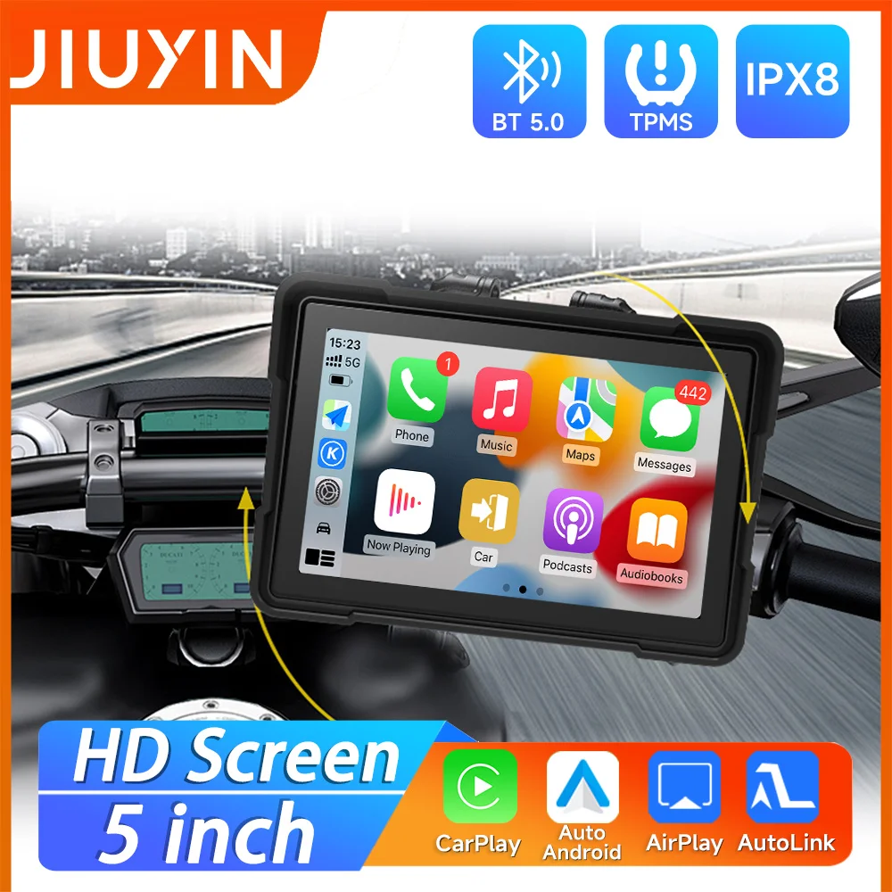 JIUYIN-Monitor portátil da motocicleta sem fio, CarPlay, Android, Navegação automática, tela do GPS, DVR, Gravador de unidade, Bluetooth