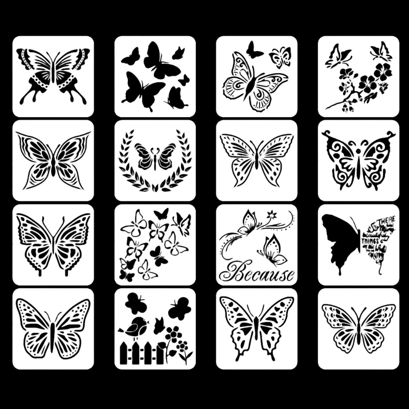 F3MA 16 Pcs Painting Template Hollow Out Stencils for Butterfly Tools for Wood Canvas Metal Furniture Wall Decors