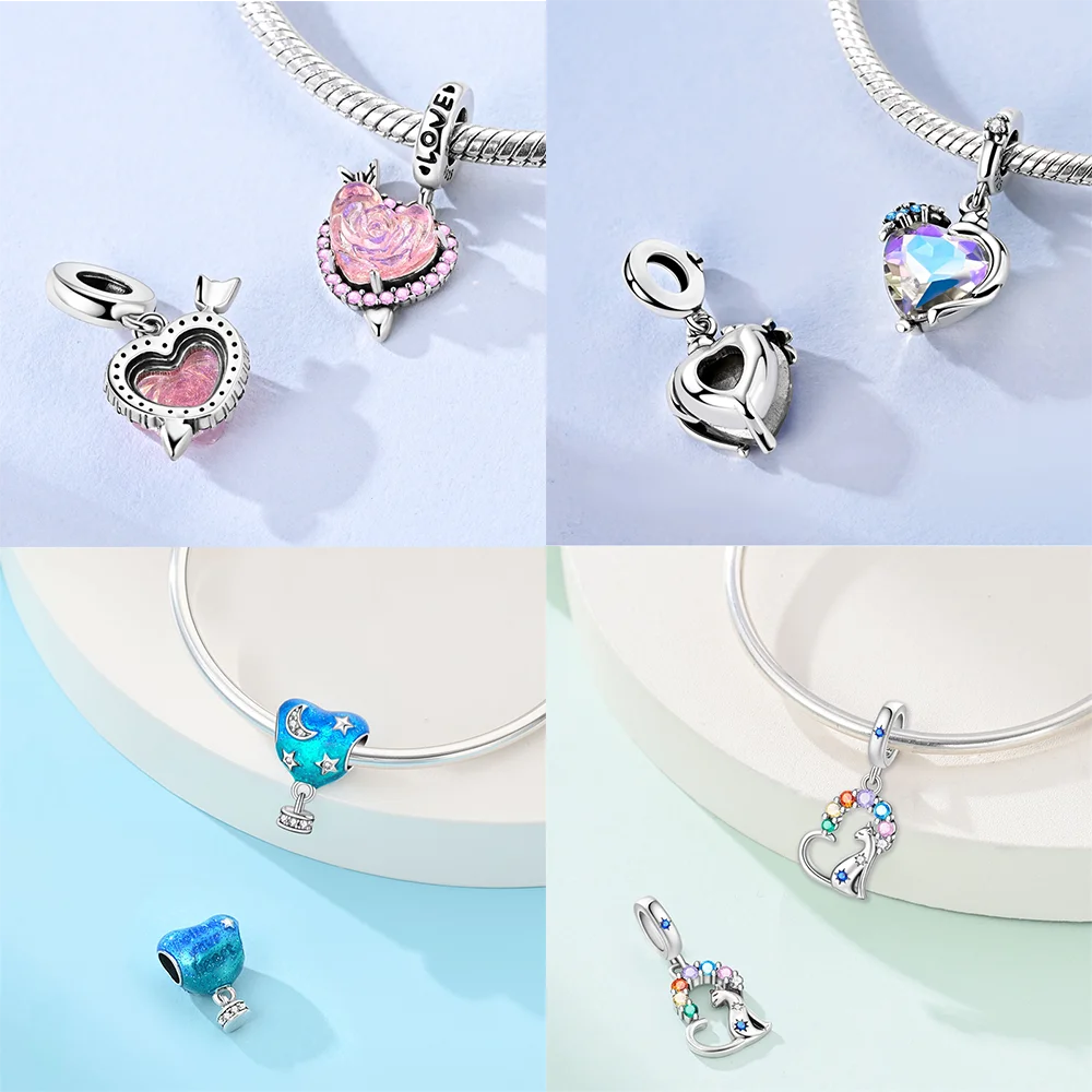 سحر الأصلي 925 الفضة على شكل قلب الملونة منطاد الهواء الساخن الخرز القوس رومانسية قلادة صالح سوار قلادة مجوهرات هدايا