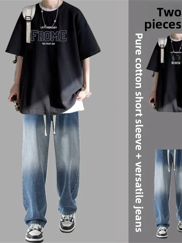 

Мужской повседневный спортивный комплект ort Sve, джинсы из чистого хлопка с принтом, летняя модная футболка и брюки для подростков, одинаковый наряд