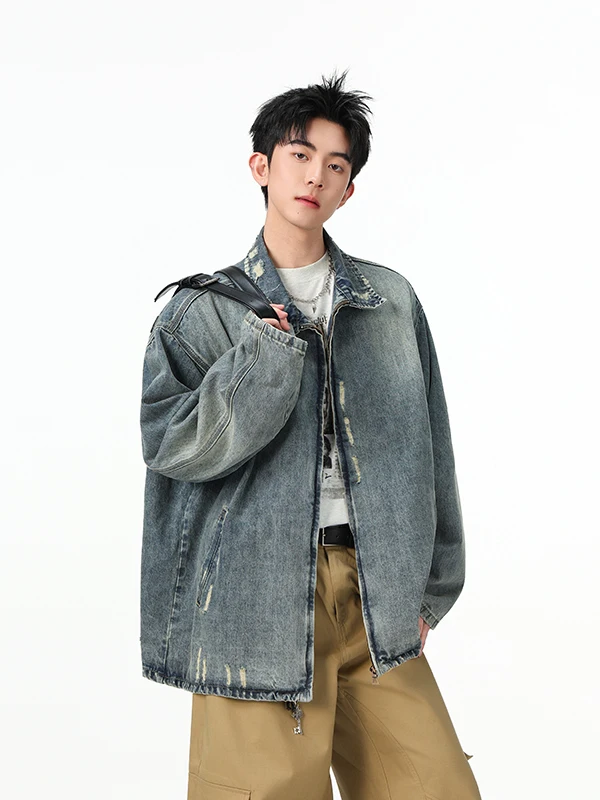 

Мужская джинсовая куртка American Sle, повседневная, рваная, свободного кроя, весна-осень, плотная, стильная рабочая одежда, с длинными рукавами и молнией