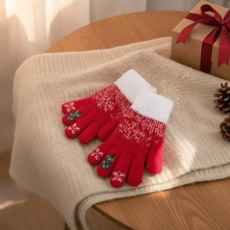 Cute Christmas Fingerless Touchscreen Gloves For Women, Winter Warm Fleece-Lined Thick Cold-Proof Cycling Gloves