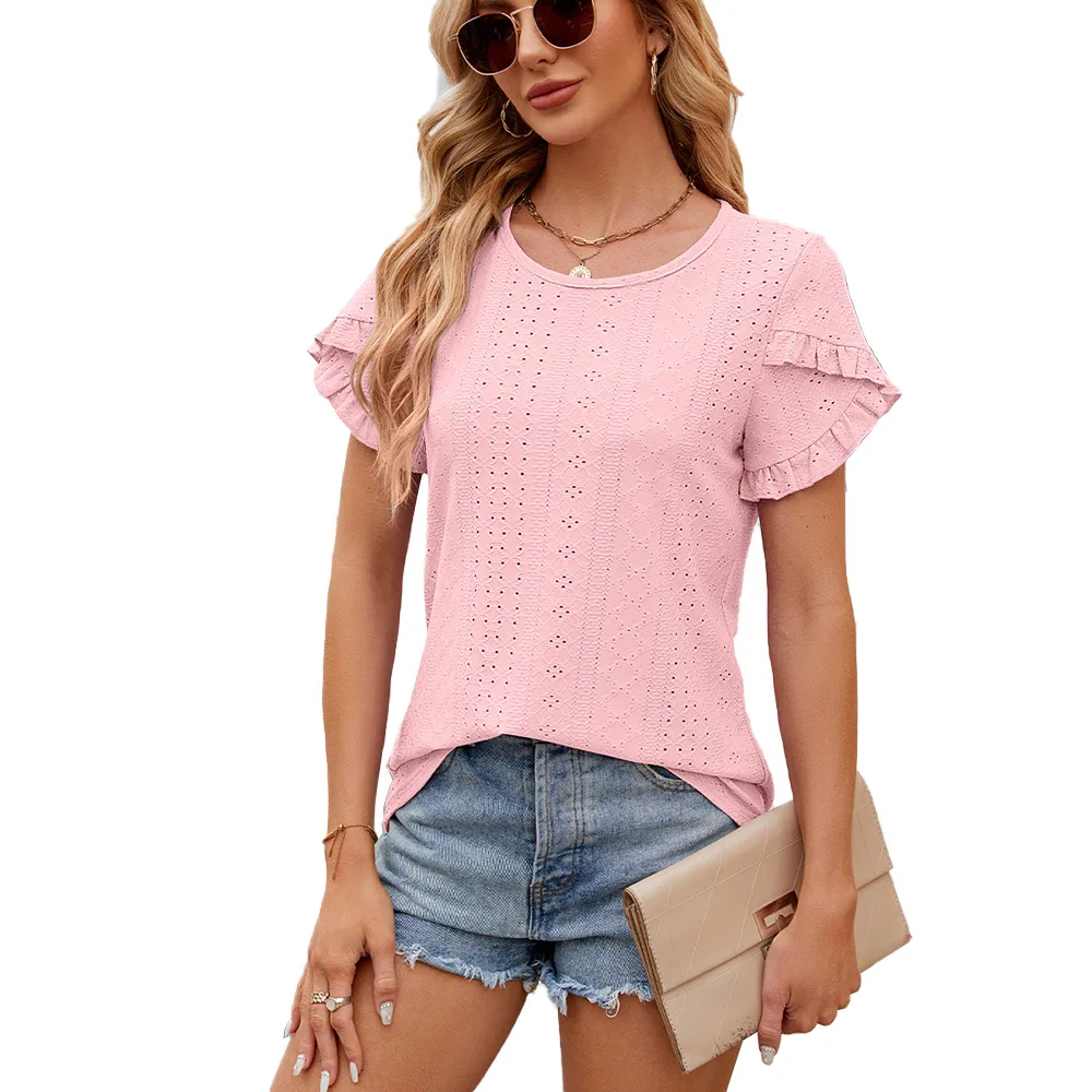 Summer New Solid Color Round Neck Flower Sleeve Short Sleeve Hollowed Out T-shirt Top