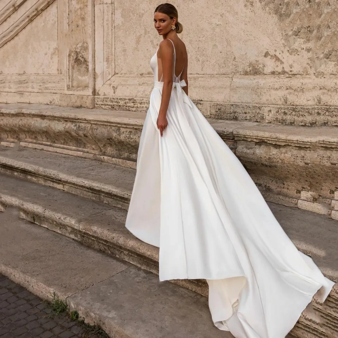 Robe de Mariée Trapèze de Luxe Élégante pour Femme, Bretelles Spaghetti, Dos Ouvert, avec Traîne de Balayage, Personnalisée, 2024