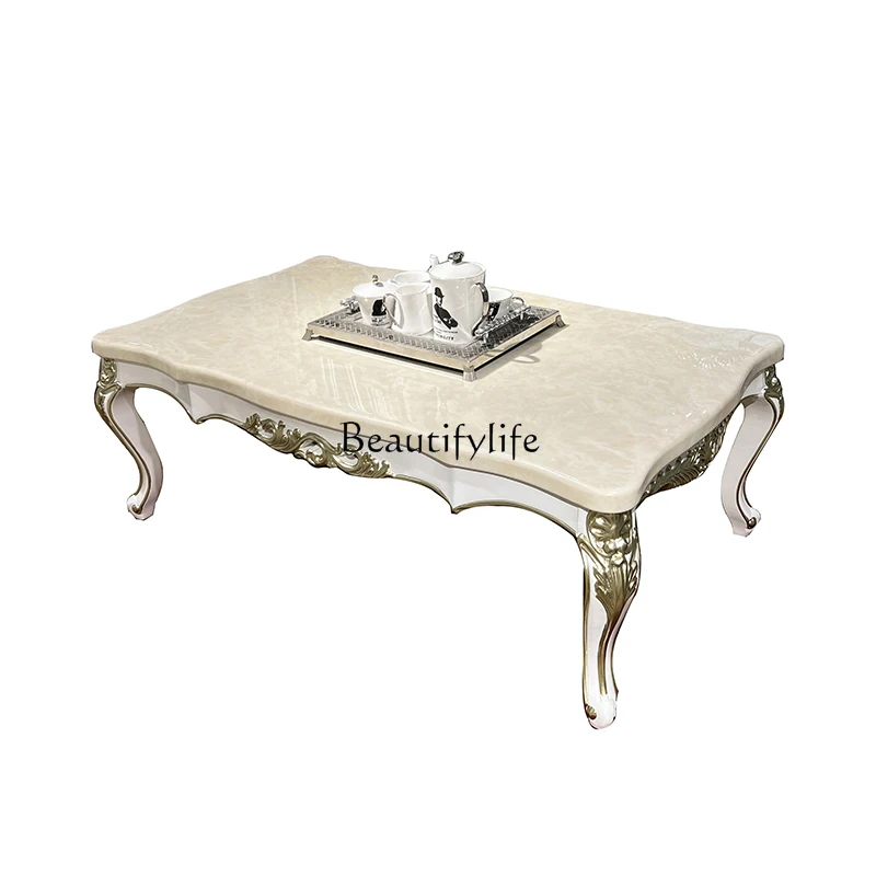 

French solid wood coffee table, European living room marble small apartment neoclassical carved table