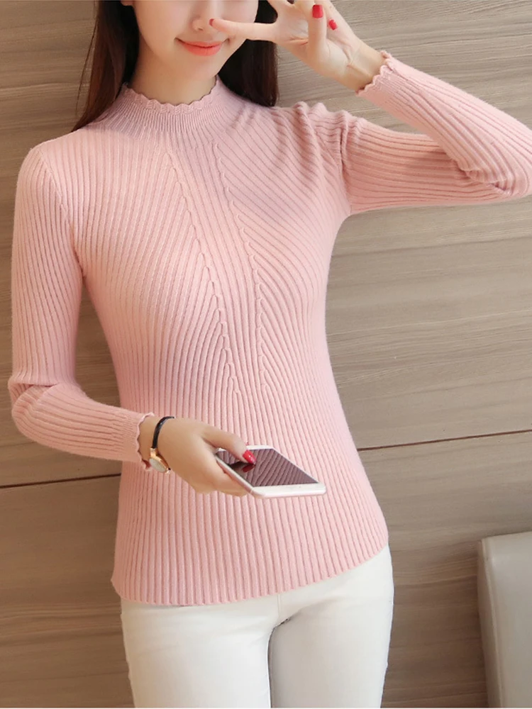 2024 Autumn Women Mock Neck Ruffles Sweater Long Sleeve Knitted Bottoming Solid Pullovers Stripe Women Casual Sweater Winter