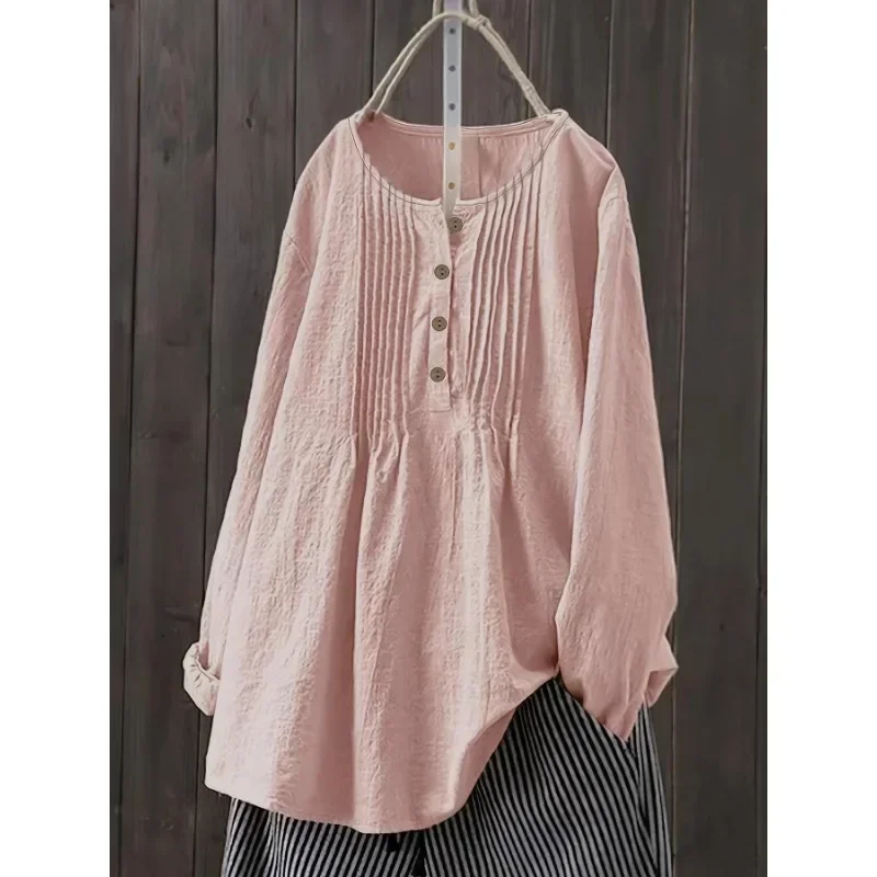 

Plus Size 1XL-5XL Women's Casual Round Neck Front Four Button Pullover Ladies Fashionable Solid Color Comfortable Shirt