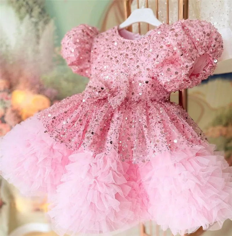 

Sparkly Pink Flower Girl Dress Sequins with Bow Girls Wedding Party Birthday Princess Gowns Infant 12M 18M 24M