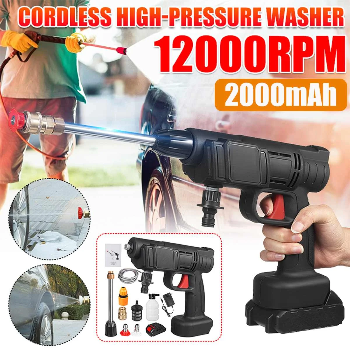 

2000mAh Cordless High Pressure Washer Spray Water Gun Car Wash Pressure Water Nozzle Cleaning Machine for Makit 18V Battery