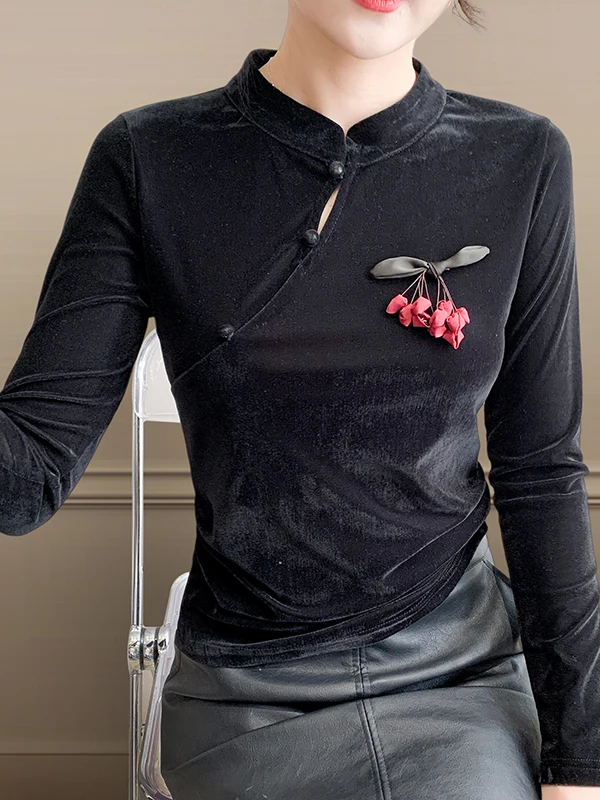 

New Chinese Sle Velvet Long Sve T-irt Women's Autumn Faion Slimming Versatile Base Layer irt Trendy Top