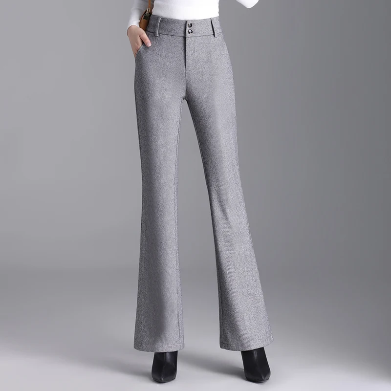 Women's Woolen Pants Elegant Flare Pants 2024 Autumn Winter High Waisted Casual Suit Pants Office Lady Long Trousers Womens