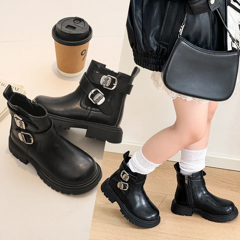 Girls Ankle Boots Buckle Side Zipper Motorcycle Boots Kids Non-Slip Booties Toddler Winter Warm Shoes Outdoor School Wear
