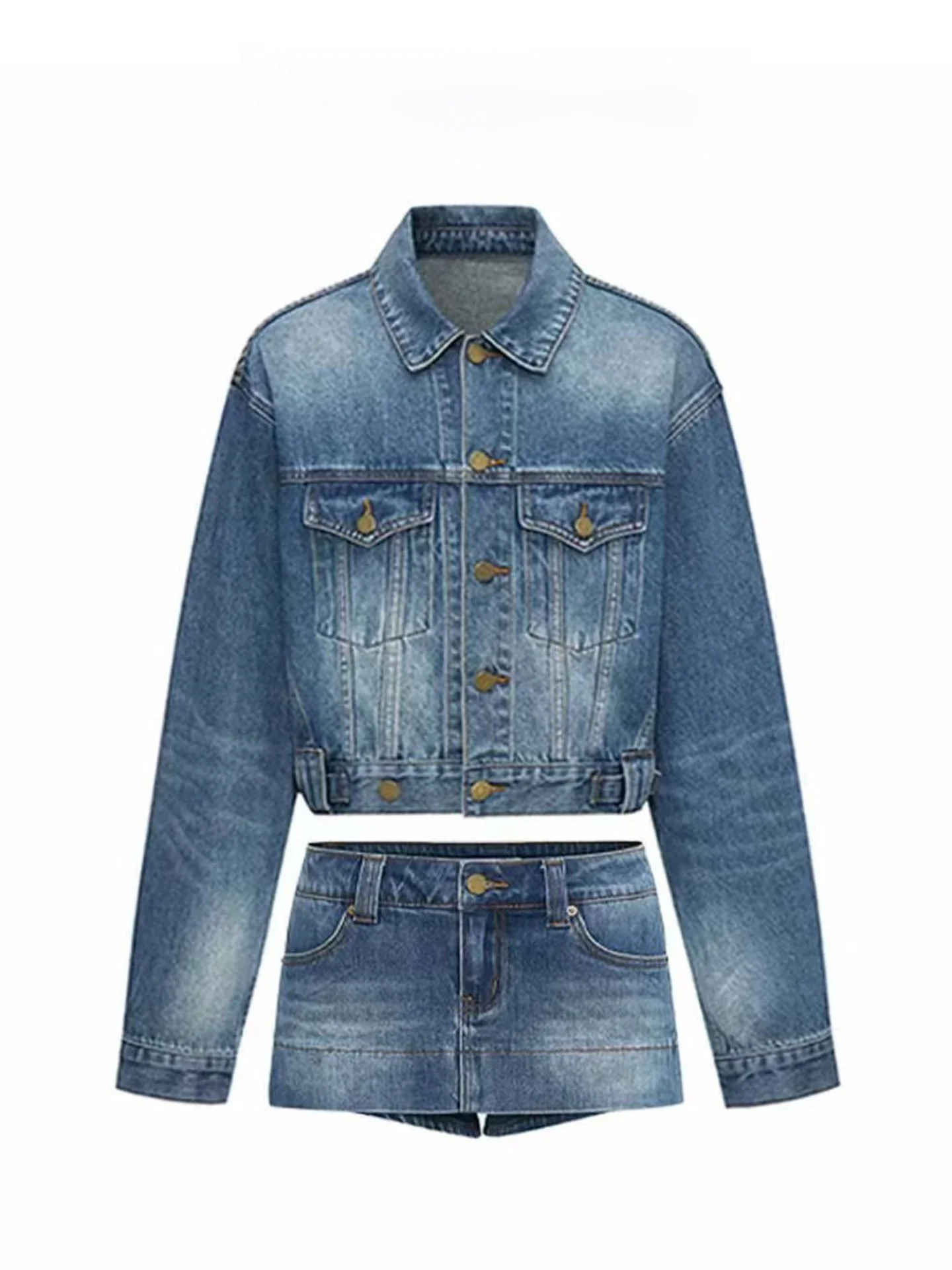 Retro Washed Blue Denim Jacket And  Skirt Set Women's Fashion Casual Wear Resistant High Waist Skirt Two Piece Suit