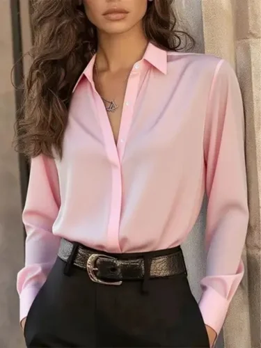 Imagen 2 del producto Blusa de manga larga con botones para mujer: elegante top elegante de oficina con cuello clásico y estilo versátil