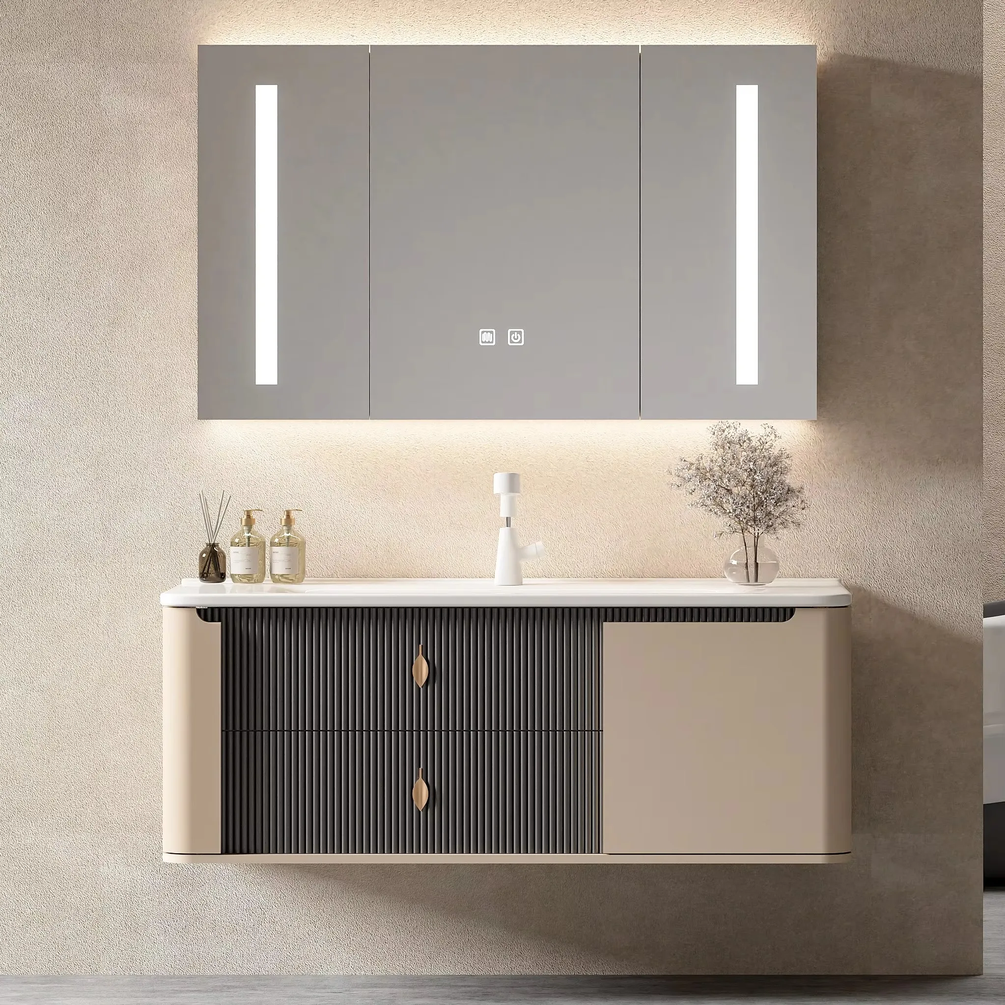 

klSingle Ceramic Wash Basin Luxury Modern Wall Mounted Storage Cabinet LED Smart Mirror Eco-Friendly Easy Clean PVC Bathroom&