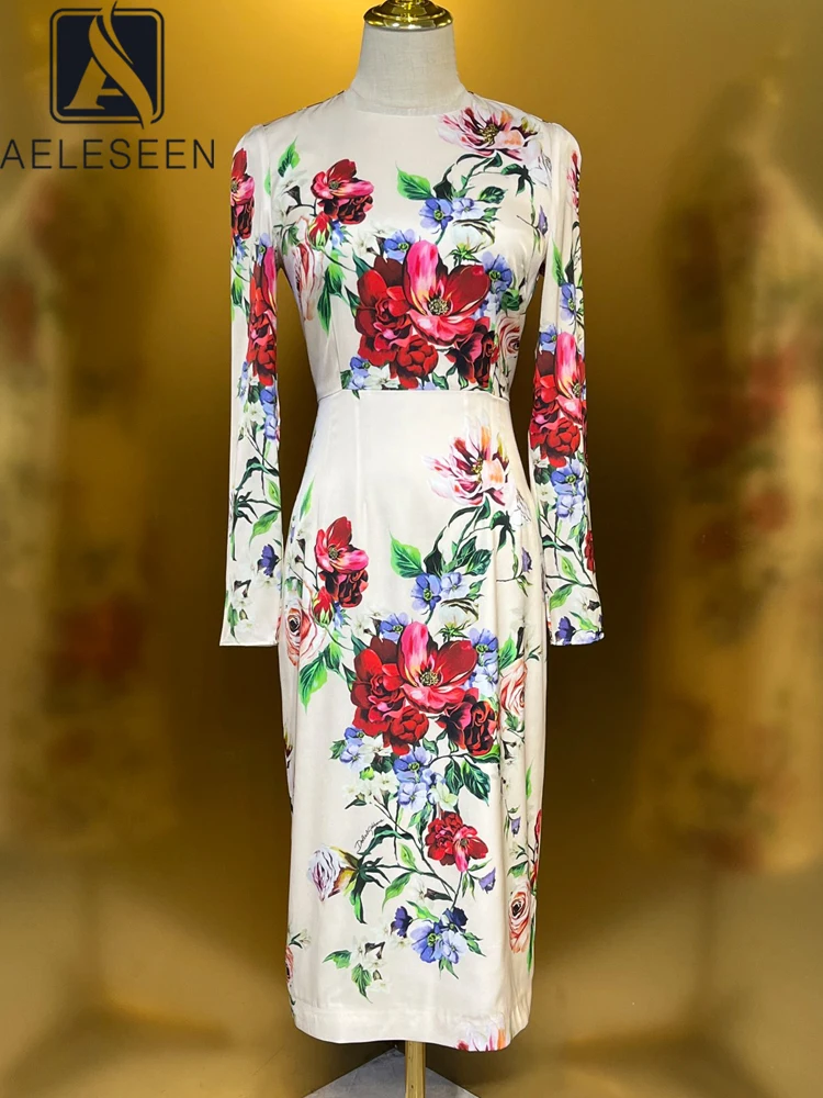 AELESEEN Sicilian 100% Silk Sheath Dress Women Spring Autumn Long Sleeve Flower Printed Slim Split Elegant High Quality Party