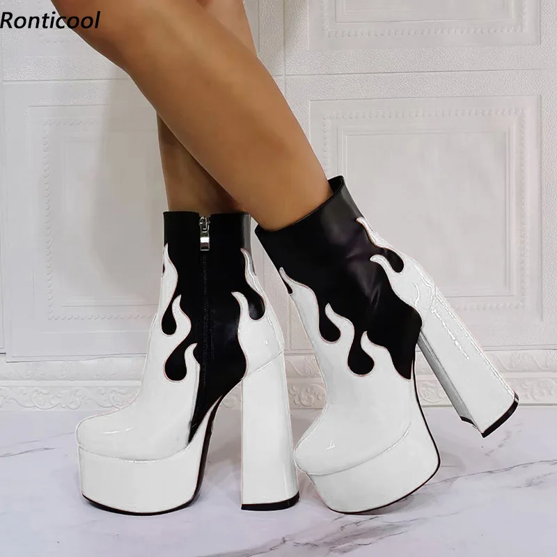 

Ronticool Women Winter Ankle Boots Patent Chunky Heels Round Toe Fabulous White Fuchsia Red Party Dress Shoes Plus US Size 5-15