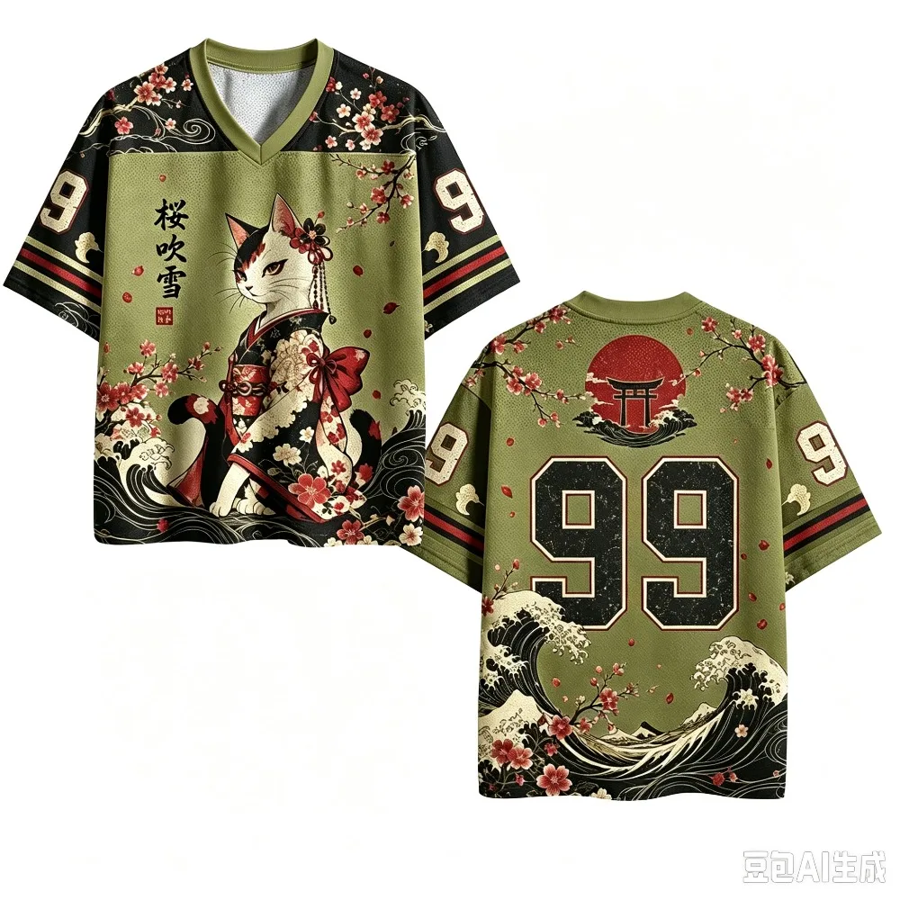Japanischer Stil Kirschblüten-Katze 3D-Druck Schnelltrocknend Atmungsaktiv Sport Herren Damen V-Ausschnitt Loses T-Shirt Modisches Y2K Parentagl Kleidungsstück – Detail 6