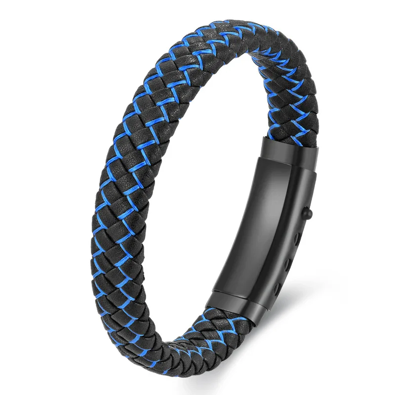 Black Leather Rope Cowhide Mens Double Layer Stainless Steel Genuine Leather Braided Bracelet Handmade Adjustable Length Leather