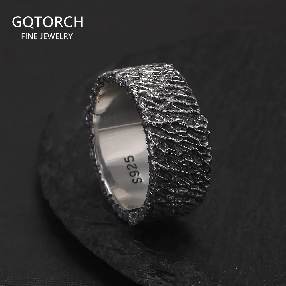 

925 Sterling Silver Retro Irregular Stripe Ring for Men Women Meteorite Pattern Punk Rock Gothic Hiphop Biker Cool Jewelry