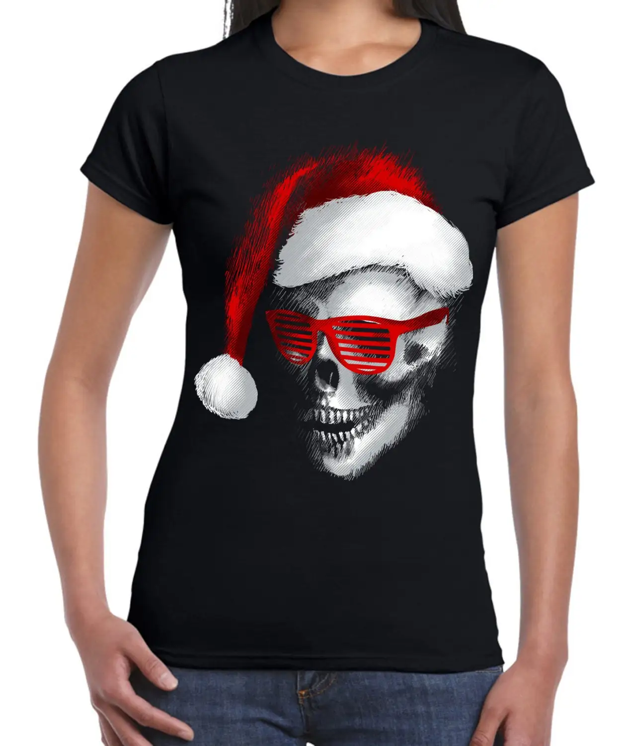 T-shirt de Noël tête de mort du père Noël pour femme, cool