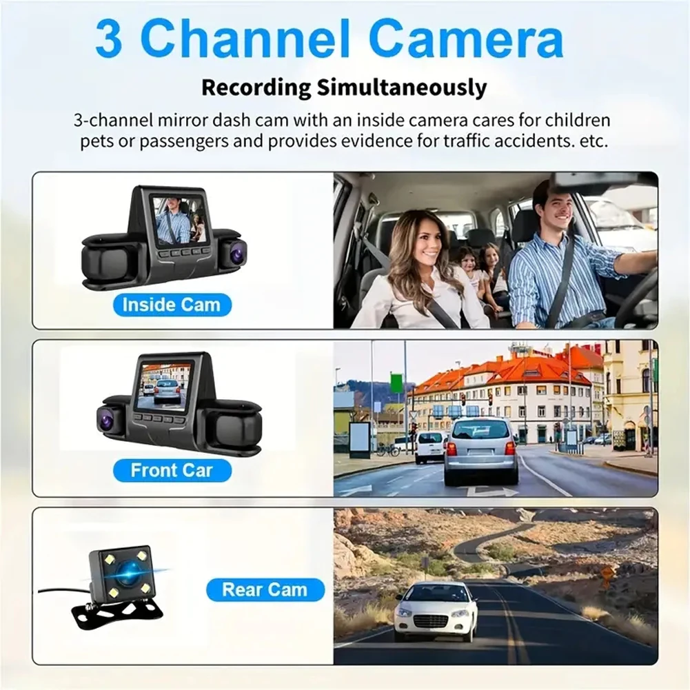 3 เลนส์รถ DVR Dash Cam HD 1080P Dash กล้อง G-Sensor เครื่องบันทึกวิดีโออัตโนมัติ 24H การตรวจสอบที่จอดรถ Dashcam รถด้านหน้าด้านหลังกล้อง